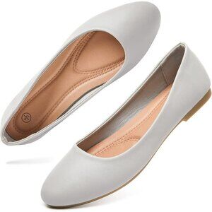 Women's Light Grey PU Leather Closed Toe Slip on Comfortable Ballet Flats Shoes